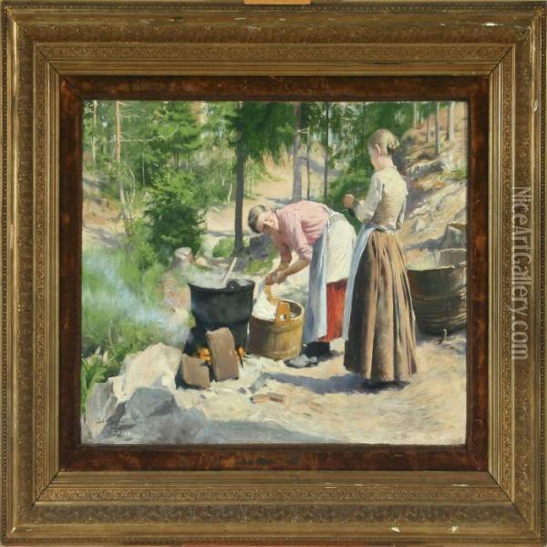 Forest Scenery With Two Young Women Washing Clothes Oil Painting - Paul-Gustave Fischer