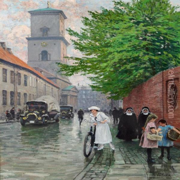 Elegant Young Lady With Her Bicyle, Two Nuns And Two Little Girls Oil Painting - Paul-Gustave Fischer