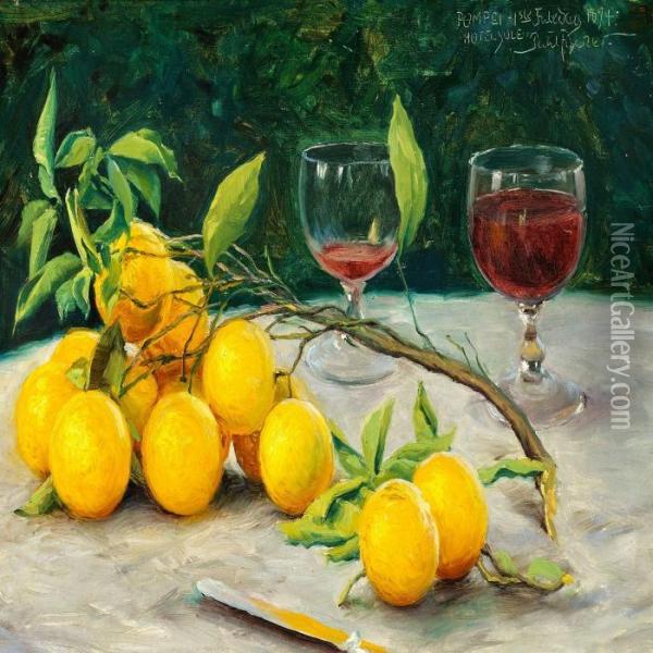 Still Life With Oranges On A Twig, A Knife And Two Glasses Of Red Wine On A Table Oil Painting - Paul-Gustave Fischer