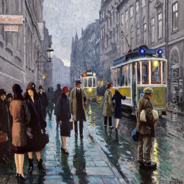 Street Life And Tramcars On Bredgade In Copenhagen Oil Painting - Paul-Gustave Fischer