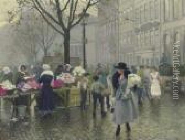 The Flower Market, Copenhagen Oil Painting - Paul-Gustave Fischer
