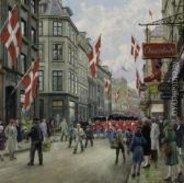 Danish Royal Guards March In Their Full Dress Uniform Oil Painting - Paul-Gustave Fischer