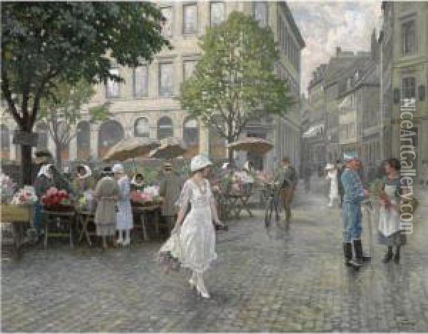 Hojbro Plads, Copenhagen Oil Painting - Paul-Gustave Fischer