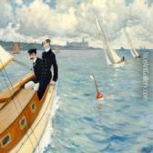 Regatta In The Sound, On The Port Side Kronborg Oil Painting - Paul-Gustave Fischer