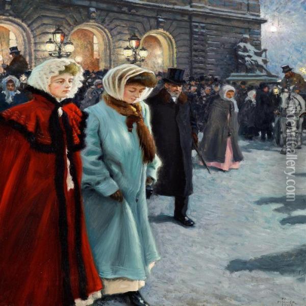 After The Performance Outside The Royal Theatre Oil Painting - Paul-Gustave Fischer