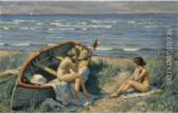 Motiv Fra Bastad (the Beach At Bastad) Oil Painting - Paul-Gustave Fischer