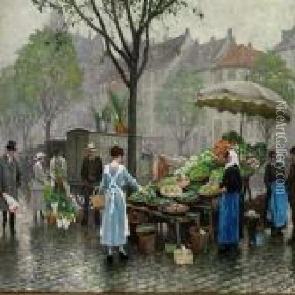 A Vegetable Stall In Hojbro Plads In Copenhagen Oil Painting - Paul-Gustave Fischer