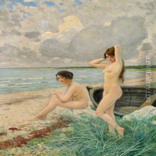 Two Young Bathing Girlson Hornbaek Beach Oil Painting - Paul-Gustave Fischer
