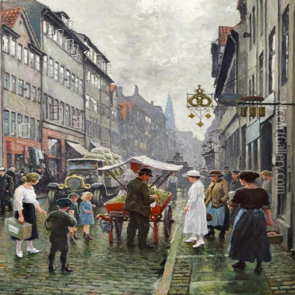 View Of Borgergade In Copenhagen With People Buying Apples From Salesman With A Red Cart Oil Painting - Paul-Gustave Fischer