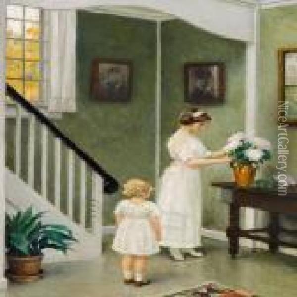 An Interior With The Artist's Daughter Musse And Grandchild Grethe Oil Painting - Paul-Gustave Fischer
