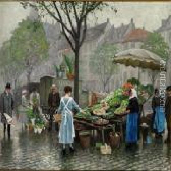 A Stall Of Vegetables In Hojbro Plads In Copenhagen Oil Painting - Paul-Gustave Fischer