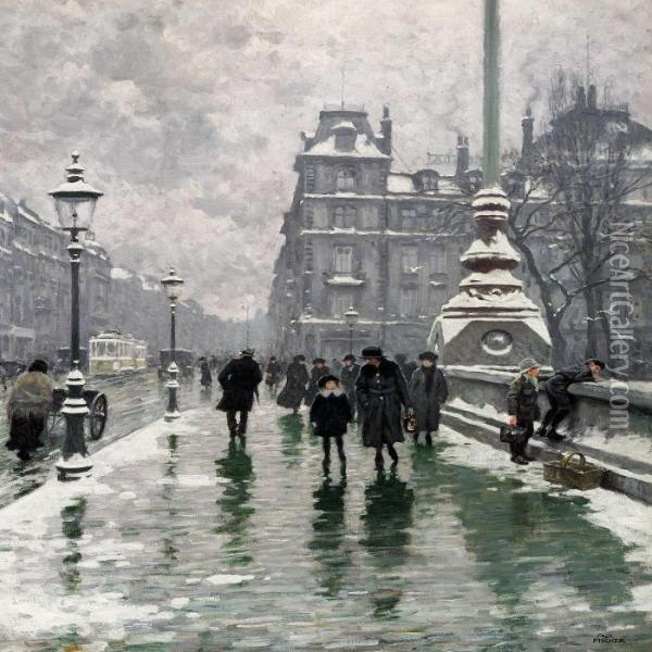 Winter Day On Dronning Louise's Bridge In Copenhagen Oil Painting - Paul-Gustave Fischer