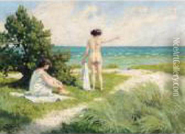 Solbadende I Klitterne (bathers Resting On Sand Dunes) Oil Painting - Paul-Gustave Fischer