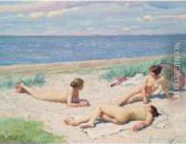 En Sommerdag Pa Stranden (nude Bathers On A Beach) Oil Painting - Paul-Gustave Fischer