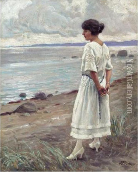 Kvinde Pa Stranden (looking Out To Sea) Oil Painting - Paul-Gustave Fischer