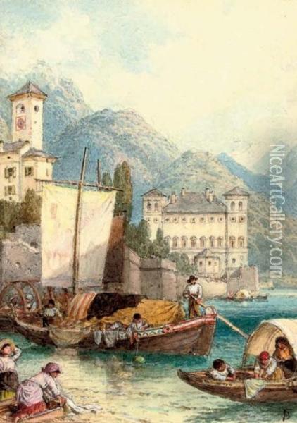 Children Picking Up A Mooring On Lake Como Oil Painting - Myles Birket Foster