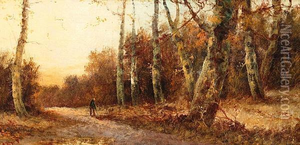 Wooded Country Lane With Figure, And Another Similar, A Pair, Both Oil Painting - Henry Charles Fox