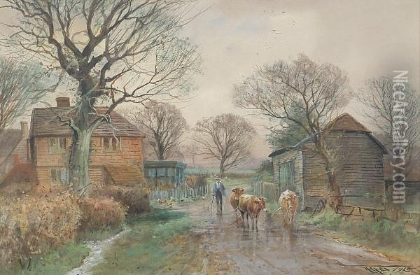 A Farmer With Cattle On A Farm Track Oil Painting - Henry Charles Fox