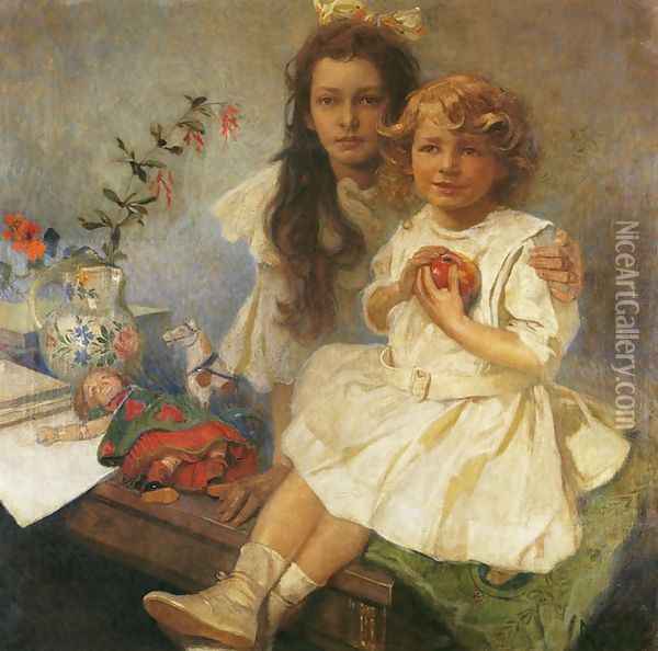 Jaroslava and Jiri - The Artist's Children. 1919 Oil Painting - Alphonse Maria Mucha