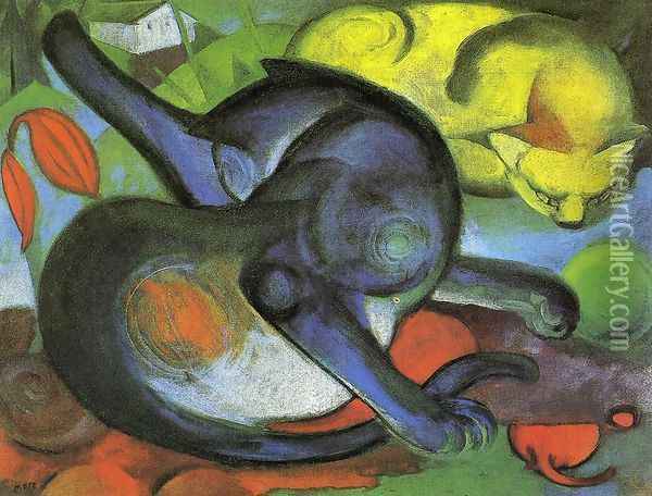 Two Cats Blue And Yellow Oil Painting - Franz Marc