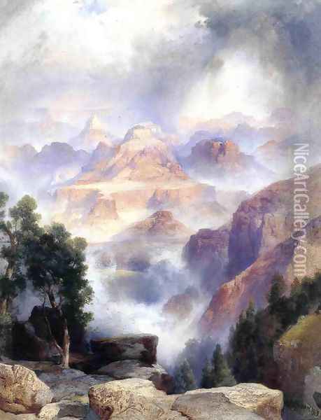 A Showrey Day Grand Canyon Oil Painting - Thomas Moran