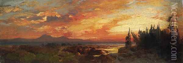 Sunset on the Great Salt Lake, Utah Oil Painting - Thomas Moran