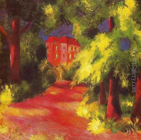 Red House in a Park 1914 Oil Painting - August Macke
