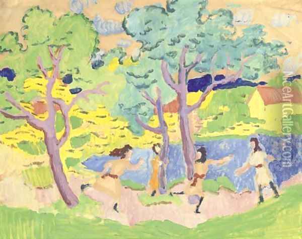 Spielende Kinder unter Baumen Oil Painting - August Macke