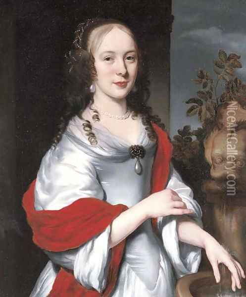 Portrait of lady, three-quarter-length, in a satin dress with a red shawl, by a fountain Oil Painting - Nicolaes Maes
