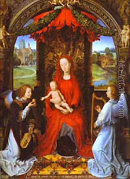 Madonna And Child With Two Angels Oil Painting - Hans Memling