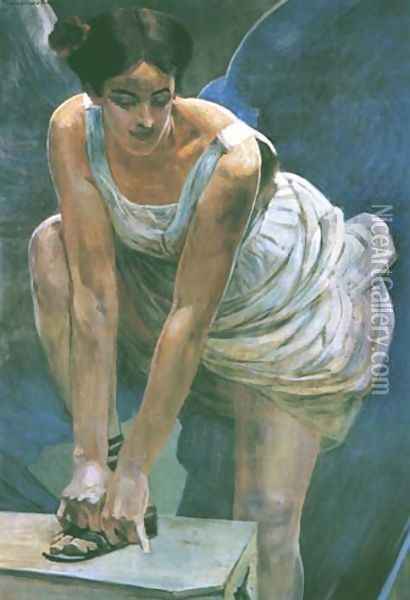 Nike Tying Her Sandal Oil Painting - Jacek Malczewski