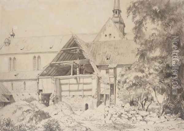 Church and Farmhouse (Kirche und Bauernhof) Oil Painting - Adolph von Menzel