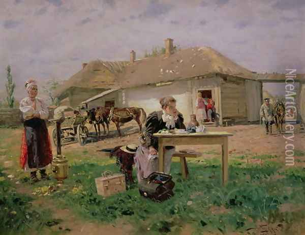 Arrival of a School Mistress in the Countryside, 1897 Oil Painting - Vladimir Egorovic Makovsky