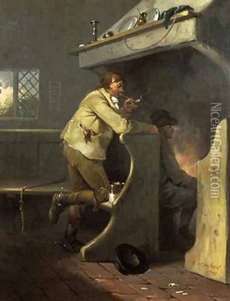 A man smoking a pipe by an inn fire Oil Painting - George Morland