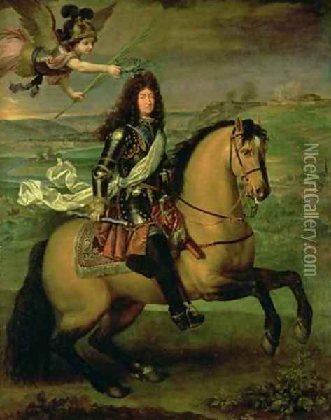 Equestrian Portrait of Louis XIV 1638-1715 Crowned by Victory 1692 Oil Painting - Pierre Mignard