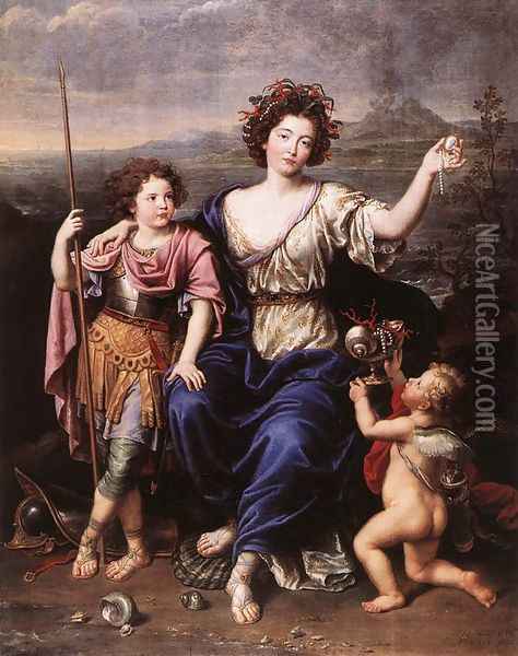 The Marquise de Seignelay and Two of her Children 1691 Oil Painting - Pierre Mignard