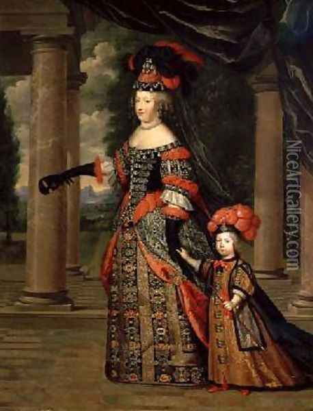 Maria Theresa 1638-83 wife of Louis XIV with her son the Dauphin Louis of France 1661-1711 after 1661 Oil Painting - Pierre Mignard