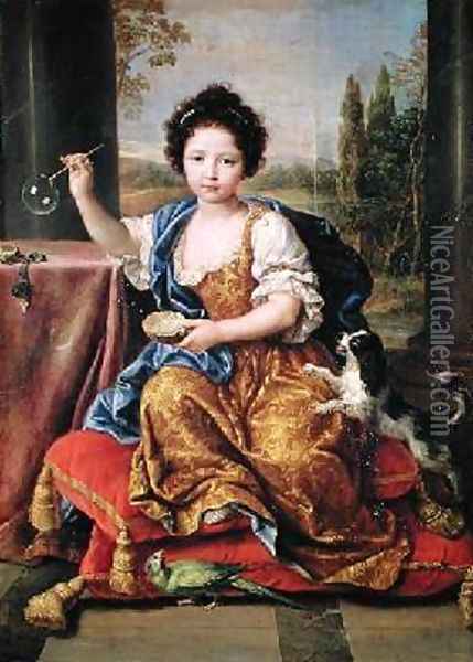 Marie-Anne de Bourbon 1666-1739 Mademoiselle de Blois Blowing Soap Bubbles Oil Painting - Pierre Mignard