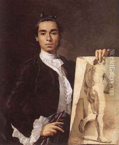 Portrait of the Artist Holding a Life Study Oil Painting - Luis Eugenio Melendez
