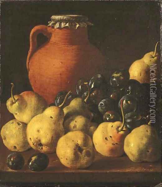 An earthenware pitcher with pears and plums on a wooden table ledge Oil Painting - Luis Eugenio Melendez
