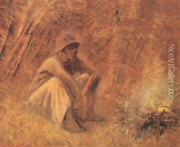 Peasant Resting by the Fire c. 1913 Oil Painting - Laszlo Mednyanszky