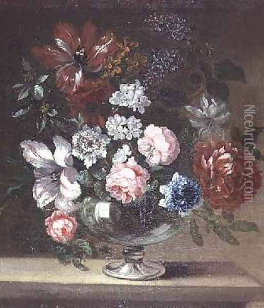 Roses tulips and other flowers in a vase Oil Painting - Jean-Baptiste Monnoyer