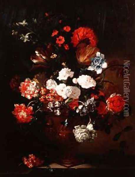 Still Life of Carnations Tulips Peonies and Other Flowers Oil Painting - Jean-Baptiste Monnoyer