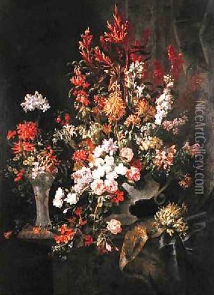 Two vases of flowers Oil Painting - Jean-Baptiste Monnoyer