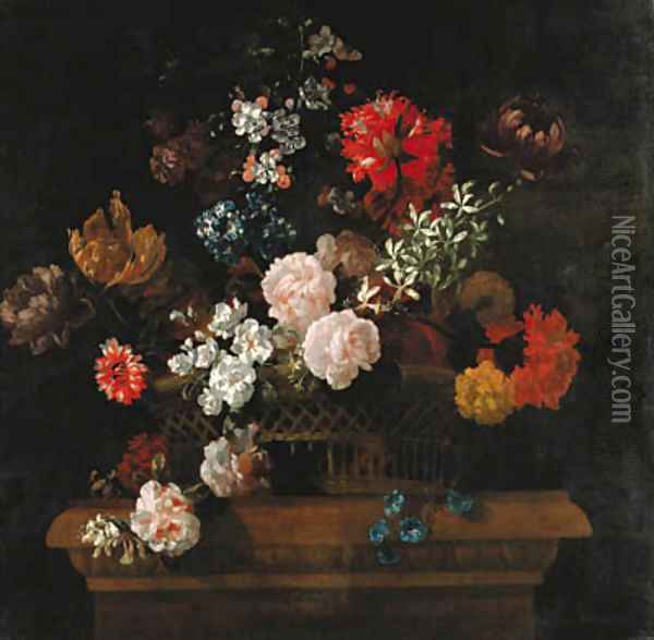 Roses, convolvulus, spider lilies, parrot tulips, a paeony and other flowers in a basket on a pedestal Oil Painting - Jean-Baptiste Monnoyer