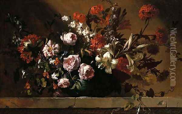 Roses, tulips, lilies and other flowers in a ceramic dish on a stone ledge Oil Painting - Jean-Baptiste Monnoyer