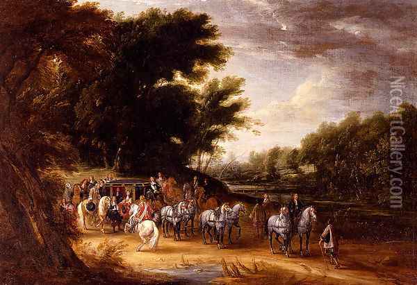 Louis XIV In A State Coach Accompanied By His Gentlemen Oil Painting - Adam Frans van der Meulen