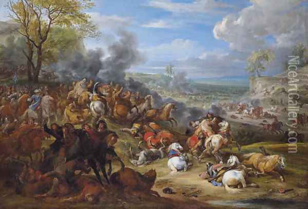 French troops in battle in an extensive landscape Oil Painting - Adam Frans van der Meulen