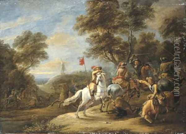 A cavalry skirmish with a windmill on a hill beyond Oil Painting - Adam Frans van der Meulen