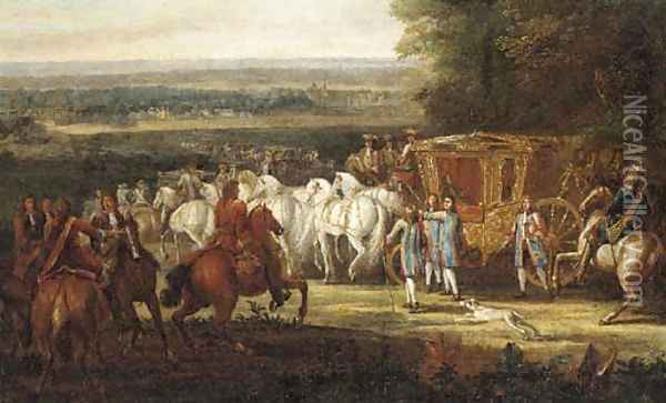 A Royal carriage with attendants in an extensive landscape Oil Painting - Adam Frans van der Meulen